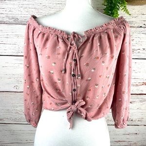 Hippie Rose Pink Floral Button Front Off-Shoulder Peasant Top (Size M)